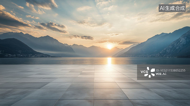 【AI数字艺术】户外高山湖水广场地面汽车广告背景图图片素材