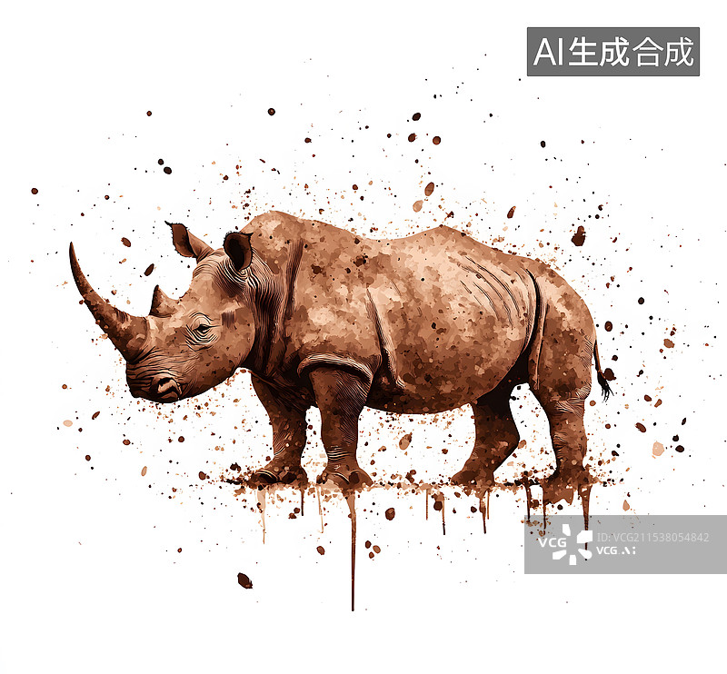 【AI数字艺术】水彩风格犀牛插画素材濒危动物全身像图片素材
