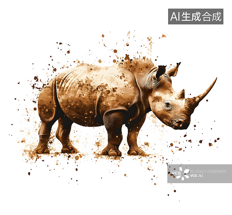 【AI数字艺术】水彩风格犀牛插画素材濒危动物全身像图片素材
