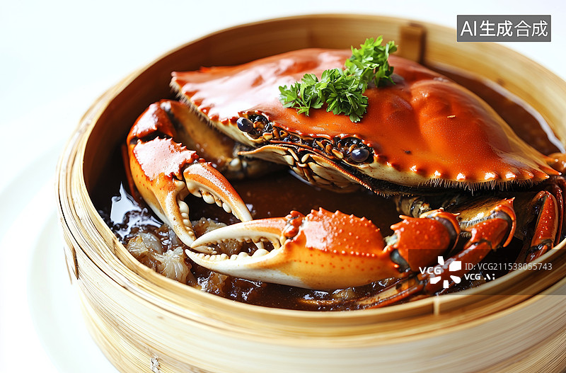 【AI数字艺术】一只蒸熟的螃蟹，放置在一个传统的竹制蒸笼中。螃蟹呈现出鲜艳的橙红色，蟹壳表面光滑且带有光泽图片素材