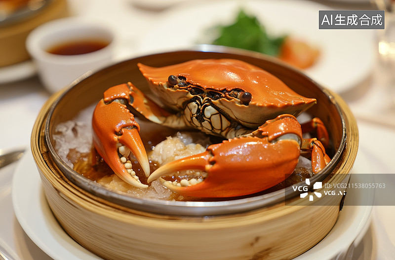 【AI数字艺术】一只蒸熟的螃蟹，放置在一个传统的竹制蒸笼中。螃蟹呈现出鲜艳的橙红色，蟹壳表面光滑且带有光泽图片素材