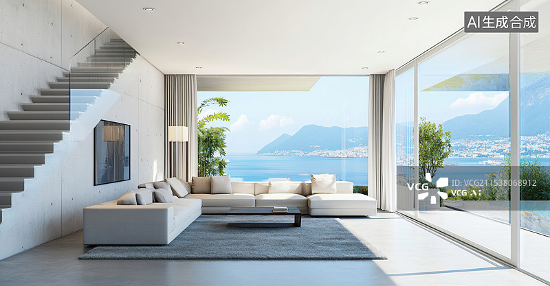 【AI数字艺术】豪华海景别墅公寓，采用现代叠拼设计，宽敞客厅与优雅楼梯，为高端度假体验增添魅力。图片素材