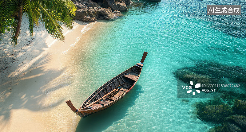 【AI数字艺术】夏天阳光明媚的椰树和海边沙滩图片素材