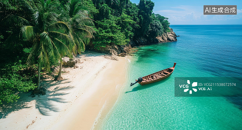 【AI数字艺术】夏天阳光明媚的椰树和海边沙滩图片素材