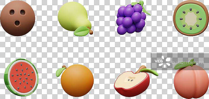 3D水果、坚果、浆果的完整物体和切半物体图片素材