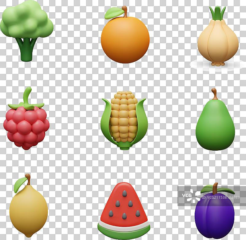 可爱的西兰花、橙子、洋葱和覆盆子的图片图片素材