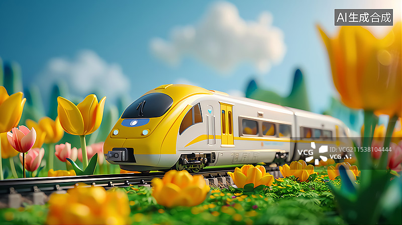 【AI数字艺术】开往春天新年的卡通3D动车背景图片素材