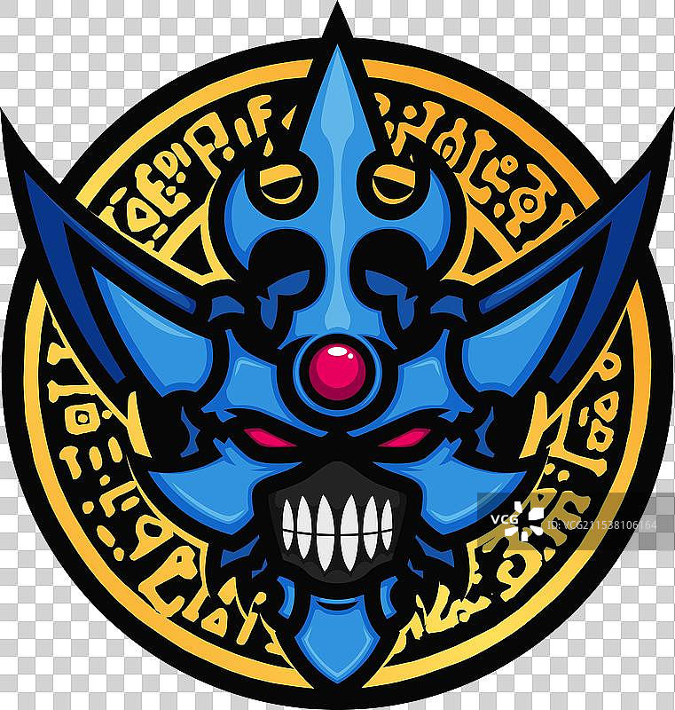 蓝色怪兽头部吉祥物与金色魔法圈图片素材