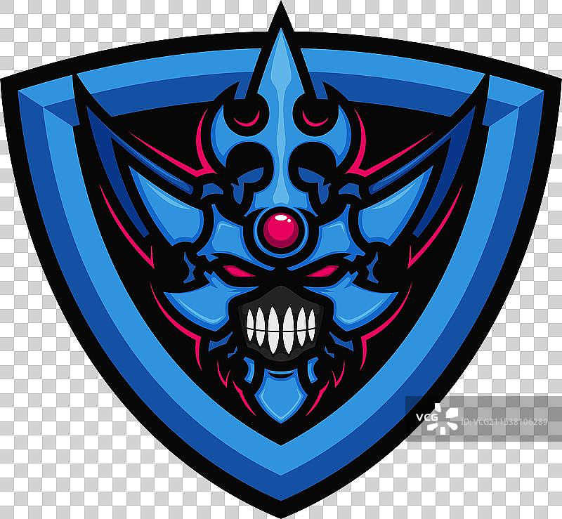 蓝色怪兽头部吉祥物在蓝色盾牌上图片素材