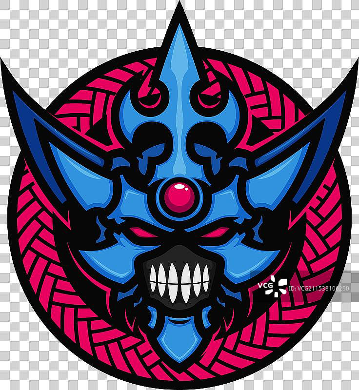 蓝色怪兽头部吉祥物与红色魔法圈图片素材