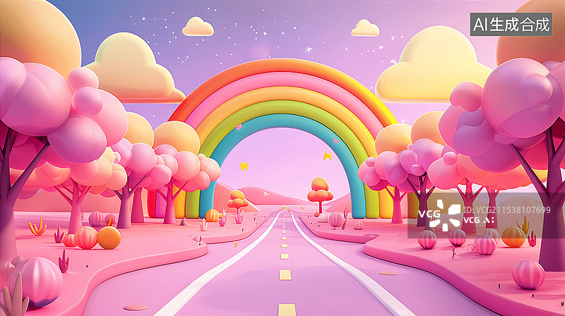 【AI数字艺术】卡通3D彩虹大道主题插画图片素材