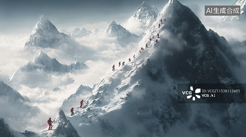 【AI数字艺术】登山队在攀登雪山，插画风格图片素材