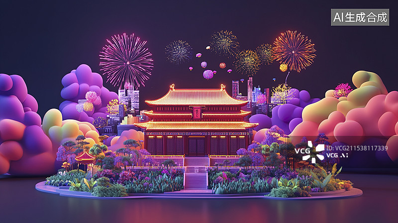 【AI数字艺术】C4D烟花城市风景背景图片素材