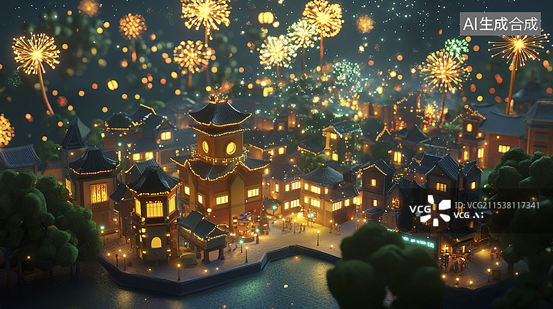 【AI数字艺术】C4D烟花城市风景背景图片素材