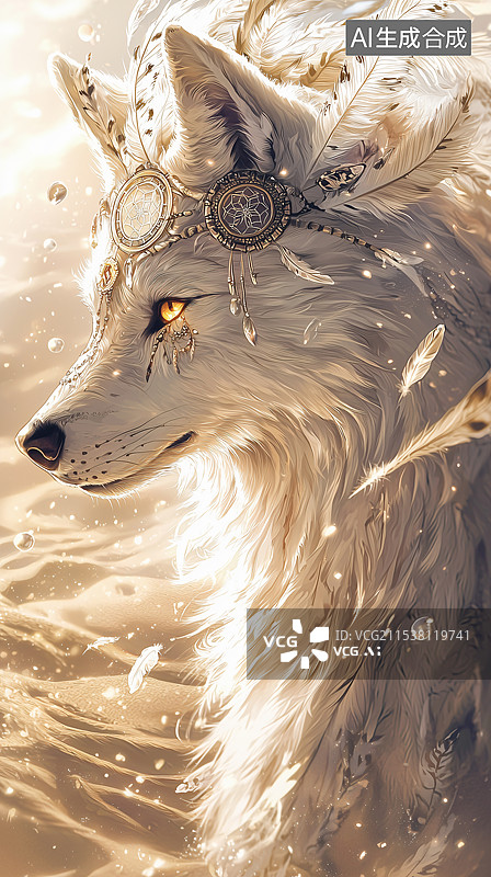 【AI数字艺术】金色沙漠中的圣洁白狼图片素材