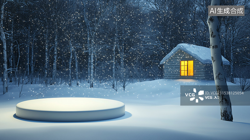 【AI数字艺术】冬季白色底座圆台产品展示场景图片素材