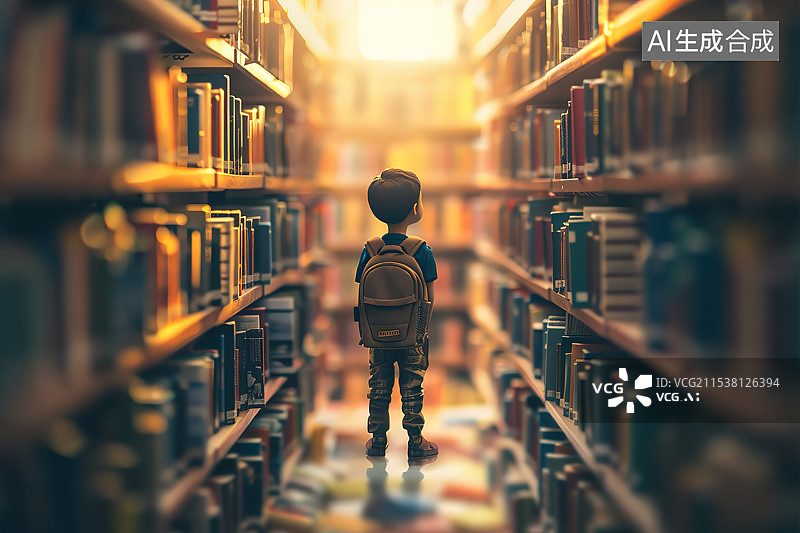 【AI数字艺术】微距效果图书馆里的小男孩插画图片素材