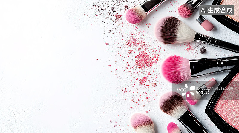 【AI数字艺术】白色背景下各种眉笔等美妆用品正上方视角背景图片素材