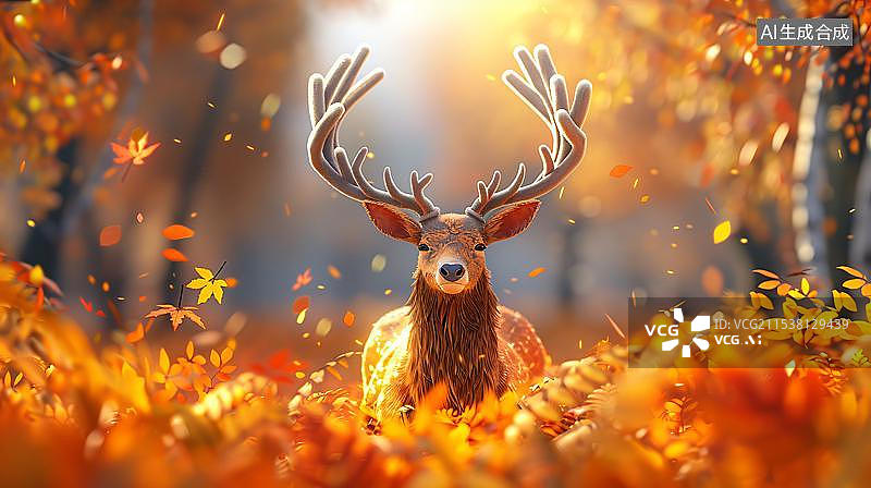 【AI数字艺术】秋天树林里的鹿图片素材