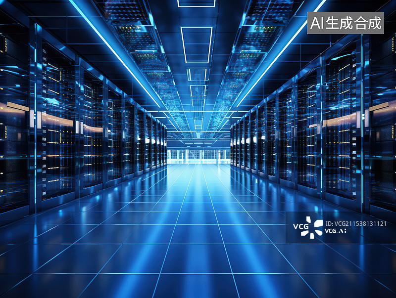 【AI数字艺术】未来科技感数据中心,蓝色光影服务器机房图片素材