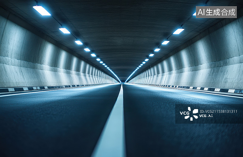 【AI数字艺术】城市道路马路场景长而明亮的地下隧道图片素材