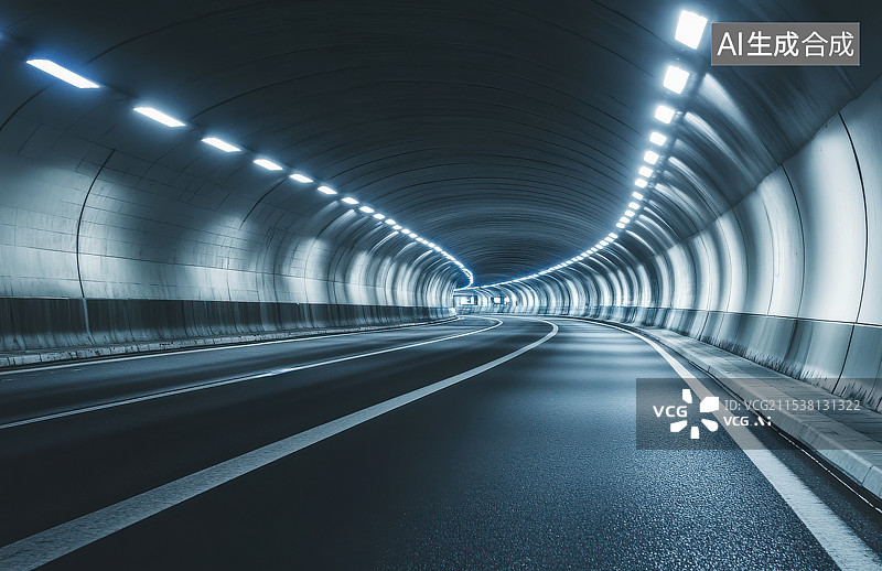【AI数字艺术】城市道路马路场景长而明亮的地下隧道图片素材