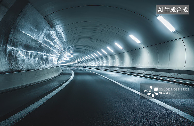 【AI数字艺术】城市道路马路场景长而明亮的地下隧道图片素材