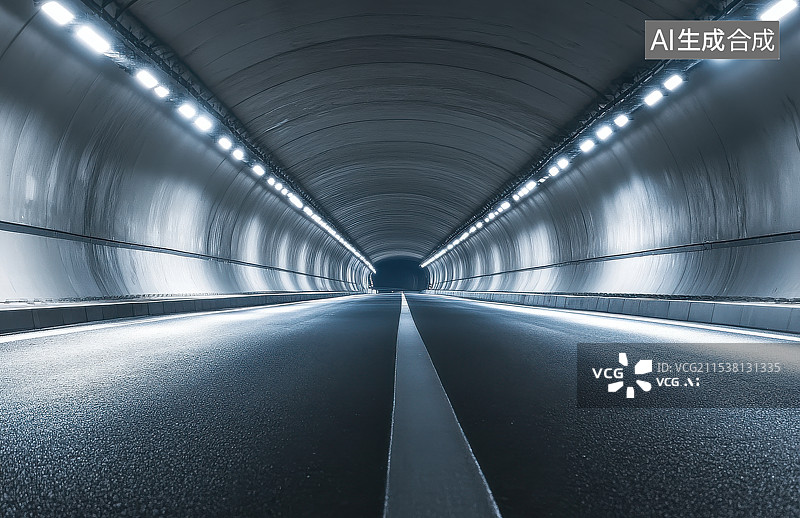 【AI数字艺术】城市道路马路场景长而明亮的地下隧道图片素材