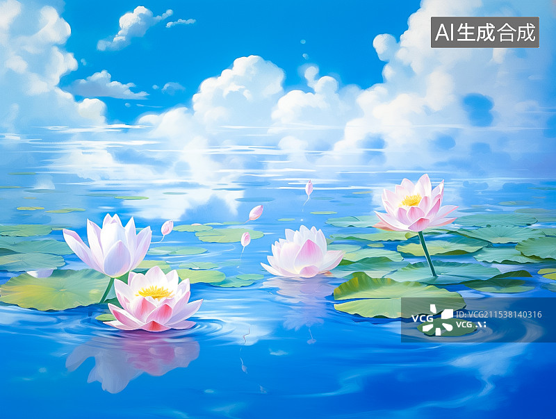 【AI数字艺术】夏日阳光下荷塘里荷花荷叶睡莲自然风景图片素材