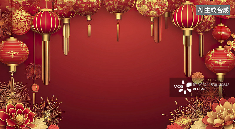 【AI数字艺术】红色背景下的中国灯笼背景图片素材