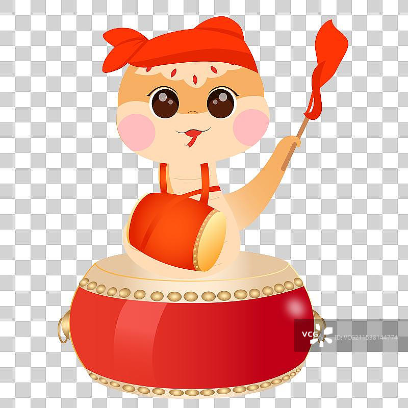 站在大鼓上打腰鼓的小蛇插画元素图片素材