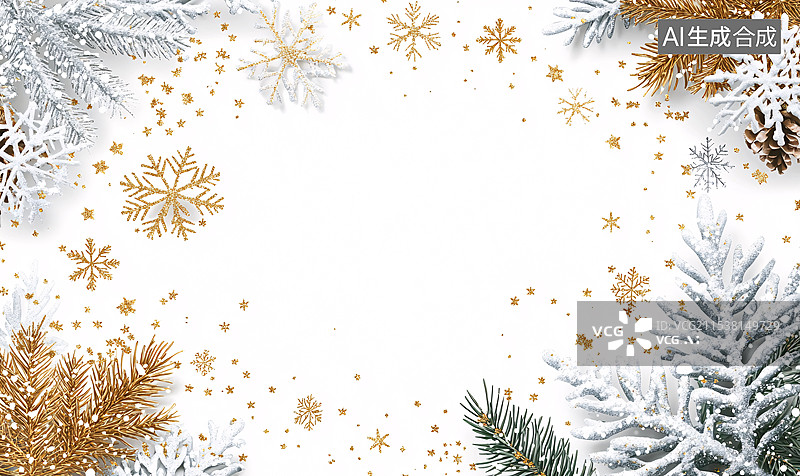 【AI数字艺术】装饰性的圣诞背景，散点式构图法，金色雪花和星星随机地分布在背景，中心留白图片素材