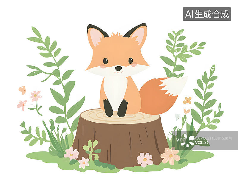 【AI数字艺术】坐在木桩上的小狐狸可爱动物卡通插画图片素材