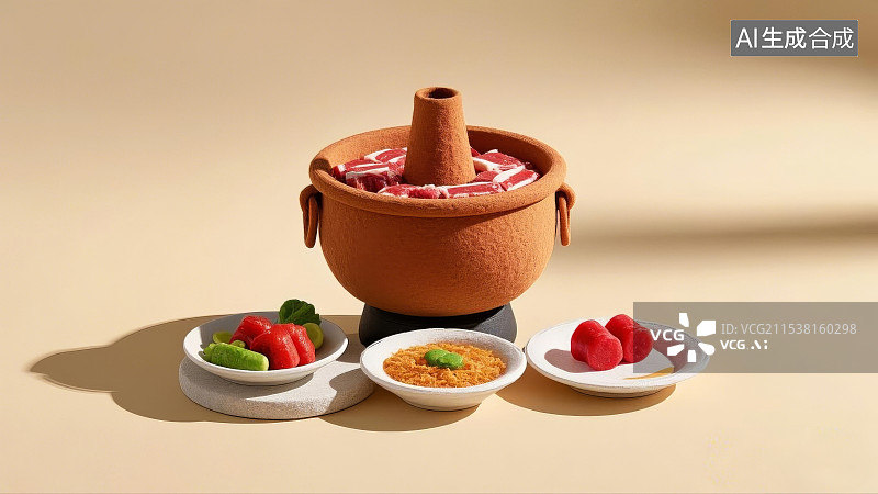 【AI数字艺术】可爱的毛绒绒的北京铜锅涮肉，铜锅涮肉，涮肉图片素材