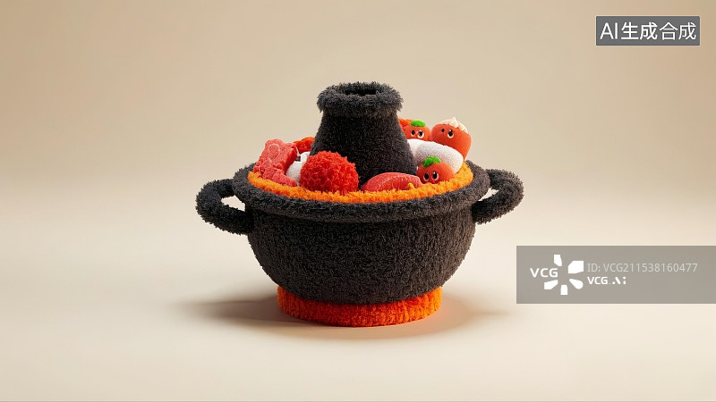 【AI数字艺术】可爱的毛绒绒的北京铜锅涮肉，铜锅涮肉，涮肉图片素材