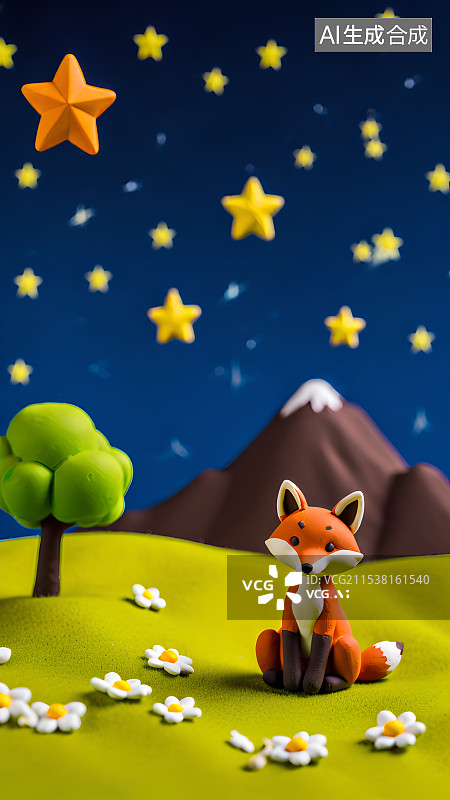 【AI数字艺术】3D渲染，黏土风格卡通童趣插画，星空下的小狐狸图片素材