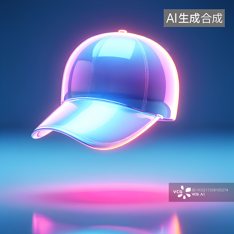 【AI数字艺术】3D渲染，炫彩粉色渐变色透明激光镭射太阳帽，鸭舌帽，休闲装，图形图标图片素材