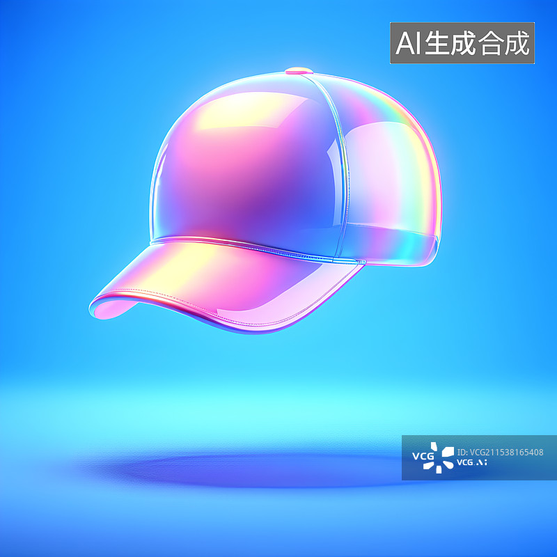 【AI数字艺术】3D渲染，炫彩粉色渐变色透明激光镭射太阳帽，鸭舌帽，休闲装，图形图标图片素材