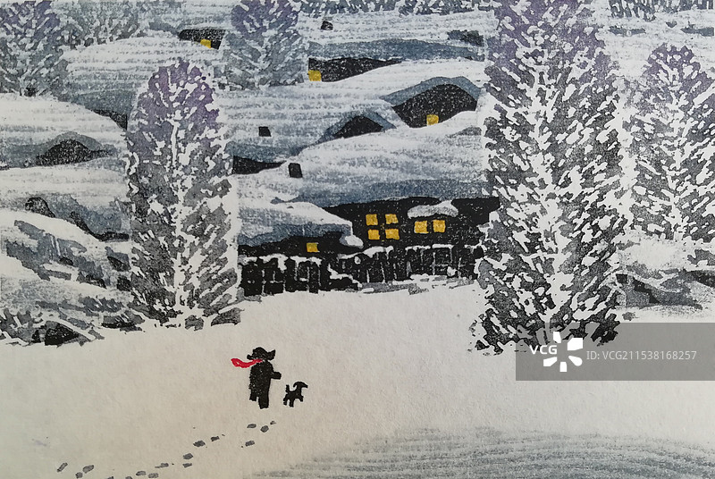 《冬日》 水印木刻图片素材