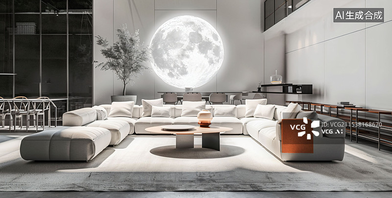 【AI数字艺术】现代艺术空间设计，室内效果图，空间设计，沙发，月球，灯，黑白风格图片素材