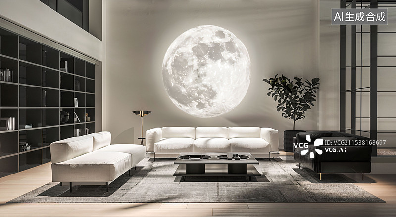 【AI数字艺术】现代艺术空间设计，室内效果图，空间设计，沙发，月球，灯，黑白风格图片素材