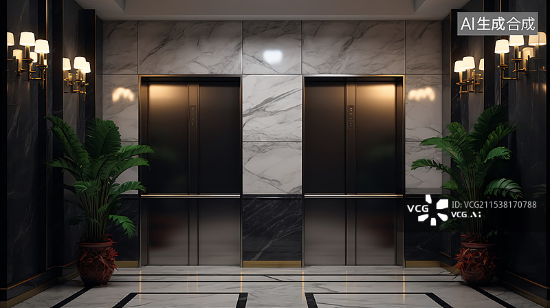 【AI数字艺术】高端奢华电梯大堂三维场景图片素材