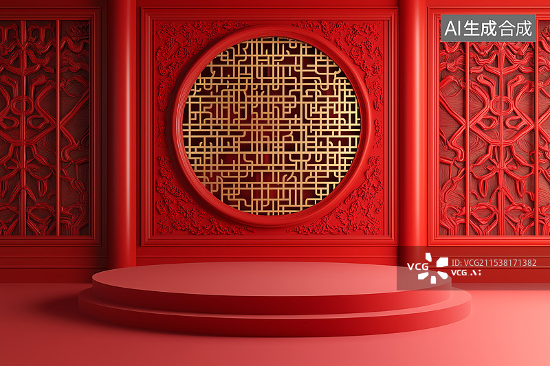 【AI数字艺术】红金色中式展台背景图片素材