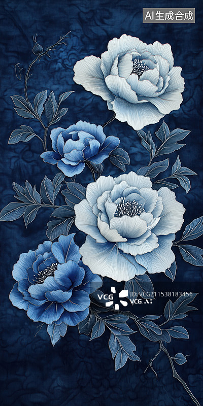 【AI数字艺术】国风传统文化刺绣蓝色白色牡丹图案插画背景图片素材