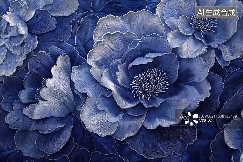 【AI数字艺术】国风传统文化刺绣蓝色白色牡丹图案插画背景图片素材