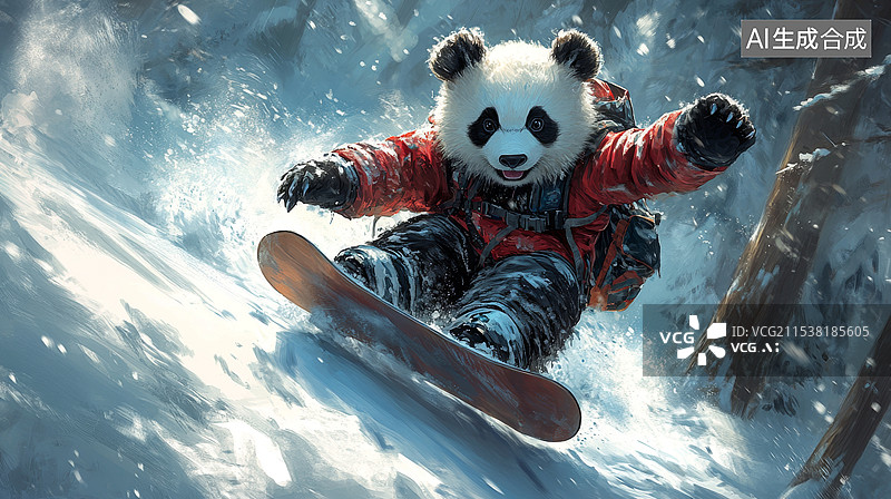 【AI数字艺术】一直熊猫正在使用单板滑雪图片素材