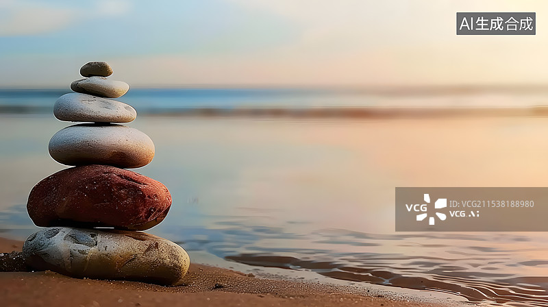 【AI数字艺术】宁静的背景，平静的水和平衡的石头图片素材