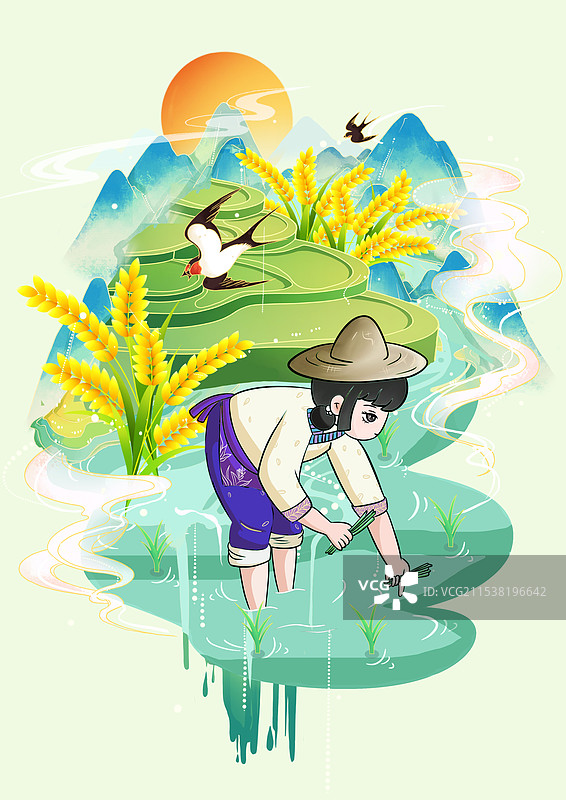 国潮风格插秧种水稻场景图片素材