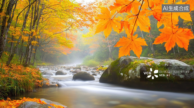 【AI数字艺术】秋天山谷里的枫树小溪自然风光图片素材