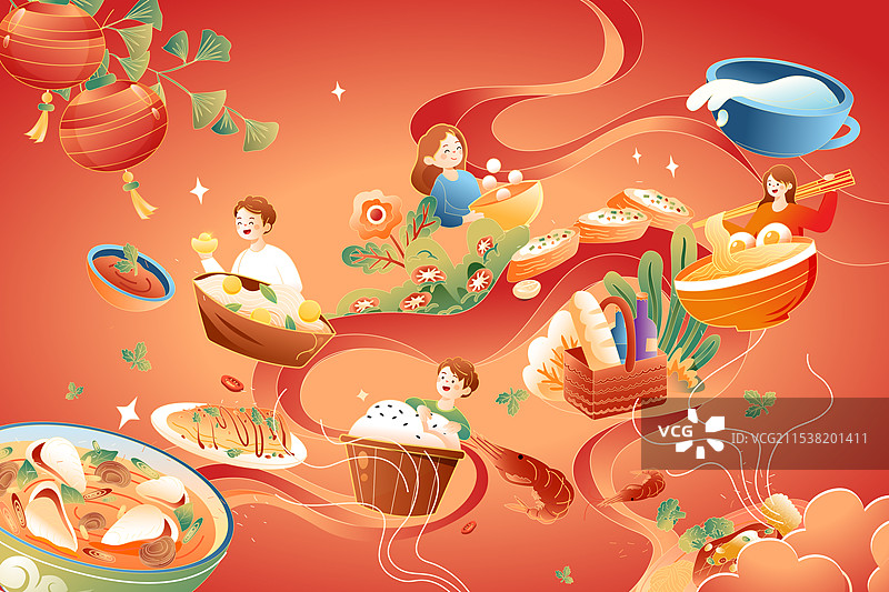 卡通新年蛇年春节年货节过年红包福袋聚餐美食餐饮家人亲子团圆元宵腊八春运出行消费电商中国风国潮矢量插画图片素材